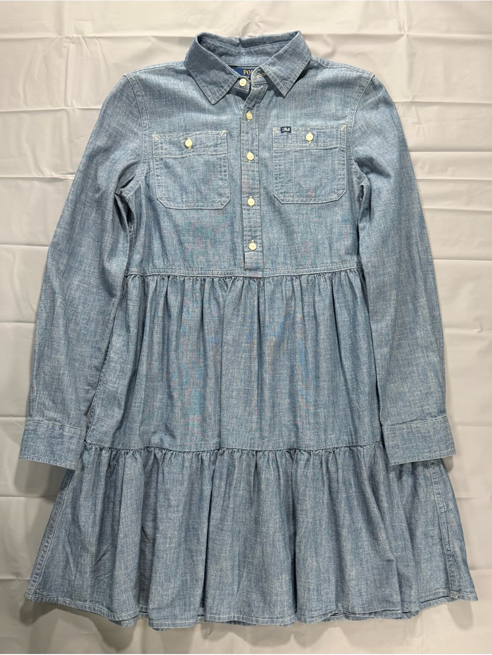 Girl’s Polo Ralph Lauren Blue Chambray Tiered Shirt Dress for Kids Size 12 NEW